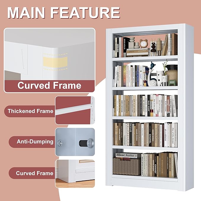Heavy Duty Metal Bookshelf, 5 Shelf Adjustable Bookcase, 69’’ Tall Modern Bookshelves, Open Book Shelf Organizer, Large Sturdy Book Case for Living Room, Library, Office, White Book Shelf