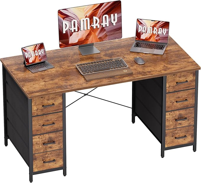 Pamray 47 Inch Computer Desk with 8 Fabric Drawers PC Gaming Desk Home Office Study Work Writing Table for Bedroom Vintage