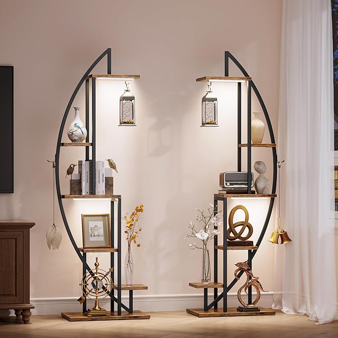Bookshelf with Lights, 2 Pack Unique Bookshelves, 63" Ladder Tall Book Shelf, 6 Tier Arched Bookcase for Collectibles, Half-Moon Wide Display Book Stands for Bedroom Living Room, Rustic Brown
