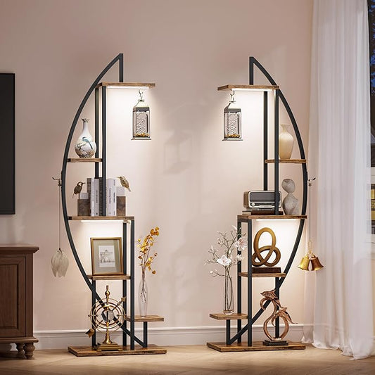 Bookshelf with Lights, 2 Pack Unique Bookshelves, 63" Ladder Tall Book Shelf, 6 Tier Arched Bookcase for Collectibles, Half-Moon Wide Display Book Stands for Bedroom Living Room, Rustic Brown