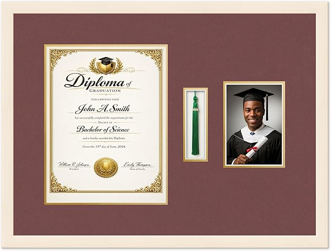 Diploma Tassel and Photo Shadowbox Fits 10 x 13 College Diploma (Portrait Traditio Coastal Whitewash Genuine Hardwood with Dark Red Over Metallic Gold Double mat
