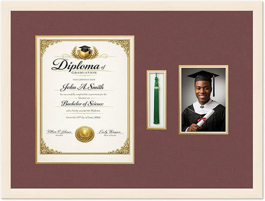 Diploma Tassel and Photo Shadowbox Fits 10 x 13 College Diploma (Portrait Traditio Coastal Whitewash Genuine Hardwood with Dark Red Over Metallic Gold Double mat