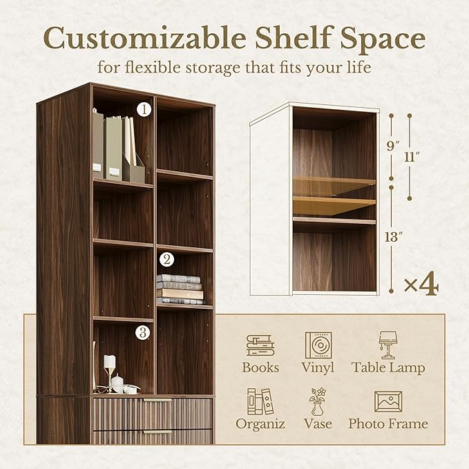 Bookshelf, Bookcase with Doors and 2 Drawers, Fluted Tall Bookshelf with 4-Tier Storage Shelves, 73 inch Wooden Book Shelf for Home Office, Living Room, Black Walnut
