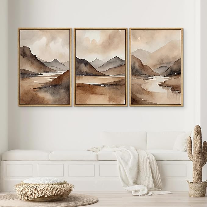 SIGNWIN Framed Canvas Print Wall Art Set Landscape Serene Mountain and River Scene in Warm Earth Tones Illustrations Art Decorative for Living Room, Bedroom, Office - 24"x36"x3 Natural