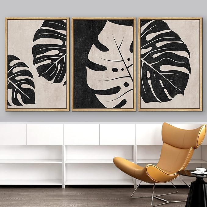 IDEA4WALL Framed Canvas Print Wall Art Set Tan Black Tropical Jungle Safari Monstera Leaves Abstract Shapes Illustrations Modern Art Nordic for Living Room, Bedroom, Office - 24"x36"x3 Natural
