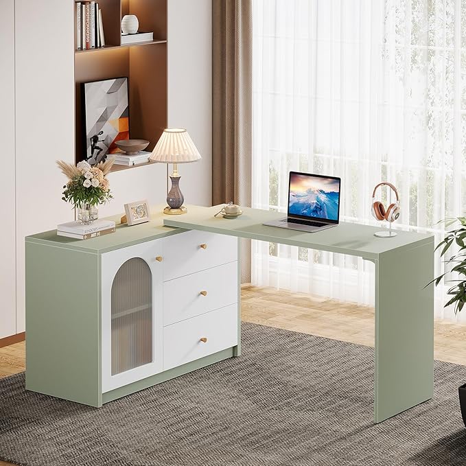 Tribesigns L-Shaped Computer Desk with Drawers, Modern Corner Home Office Desk with Reversible Storage Cabinet, Long Study Writing Desk Workstation for Home Office, Cyan & White