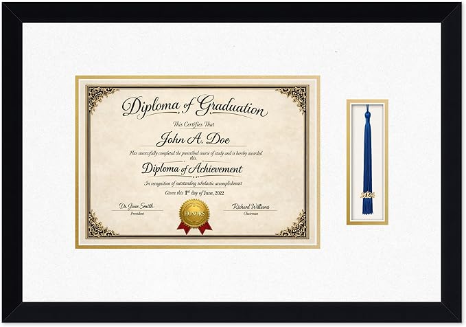 Diploma Frame with Tassel Holder Matte Black Shadowbox Oyster Shell Over Gold Mat - Fits 11.69 x 8.27 Degree Made in the USA