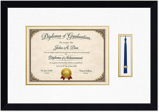 Diploma Frame with Tassel Holder Matte Black Shadowbox Oyster Shell Over Gold Mat - Fits 11.69 x 8.27 Degree Made in the USA