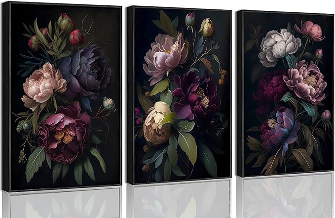 3 Pcs Moody Floral Canvas Wall Art Vintage Dark Peony Flowers Botanical Still Life Painting Picture Wall Decor Poster Print Artwork for Living Room Bedroom Women Room Home Decoration Unframed