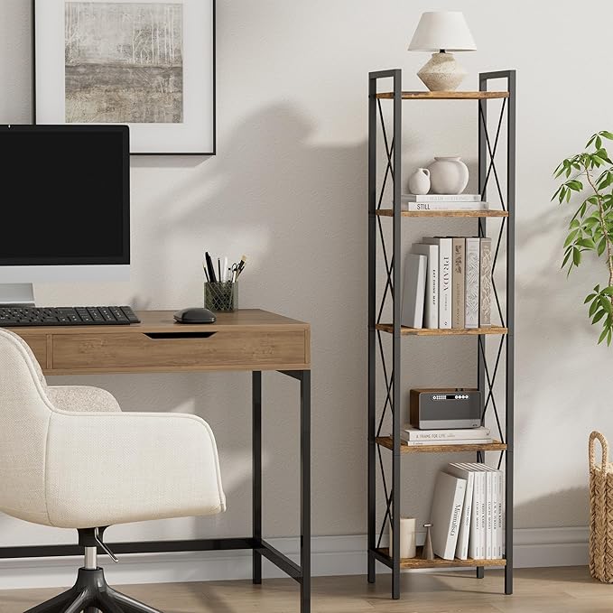 Homhedy 5 Tier Bookshelf, Tall Narrow Bookcase for Small Space, Metal Storage Book Shelf, for Home Office, Living Room, Kitchen, Bedroom, Industrial Style, 10.4" D x 13" W x 55.1" H, Rustic Brown