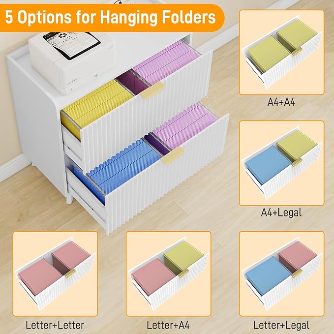Lateral File Cabinet with Charging Station, Modern Fluted 2 Drawer File Cabinet for Letter/Legal/A4 Size Hanging Files, Large Wood File Storage Cabinets Printer Stand for Home Office, White
