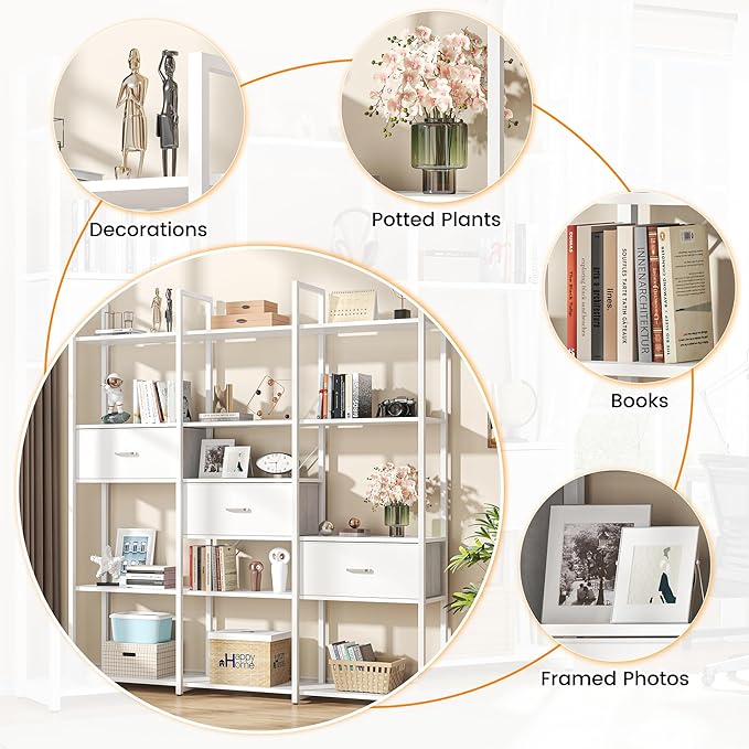 Semoic Triple Wide 6 Tiers Industrial Book shelf with 3 Drawers and Storage Shelves, 73.6" Tall Bookcase with 16 Open Display Shelves, Large Etagere Bookshelf with Metal Frame for Home & Office, White