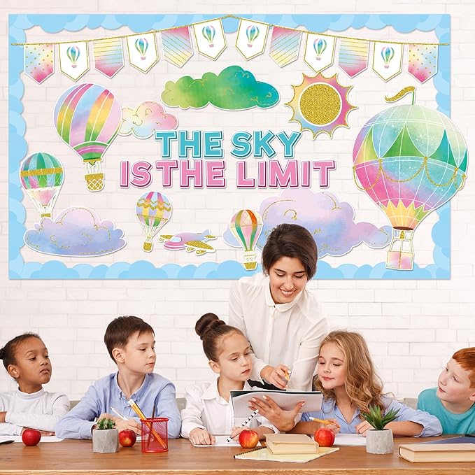 Hot Air Balloon Bulletin Board The Sky is The Limit Classroom Bulletin Board Decorations Colorful Hot Air Balloon Cloud Cutouts Decorations for Back to School Office Home Chalkboard Decor Wall Door