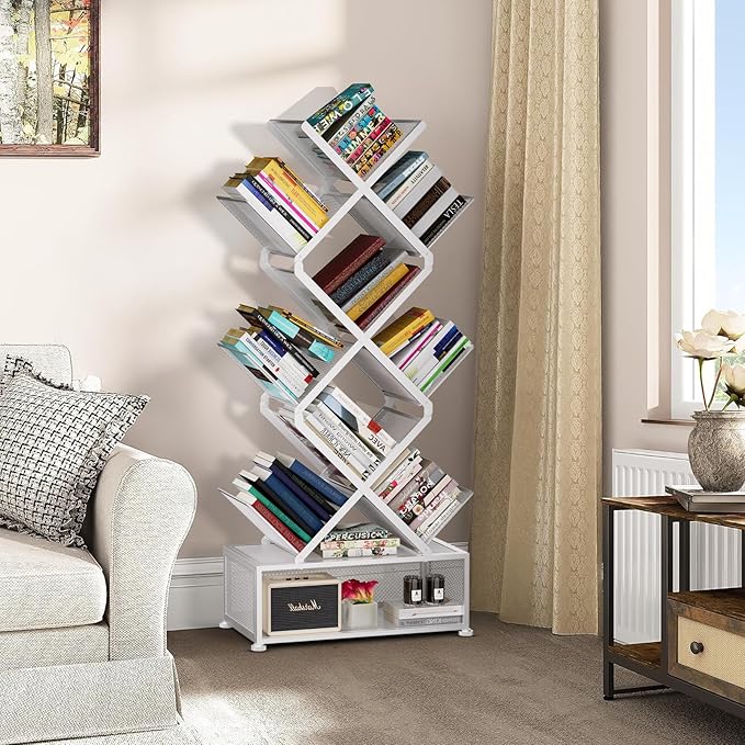Gintan 9-Tier Corner Bookshelf with Storage,Bedroom Shelves Folding Bookshelves,No Installation Required Shelf Tree Bookcase for Living Room,Study,Home Office,Bed Room (White)
