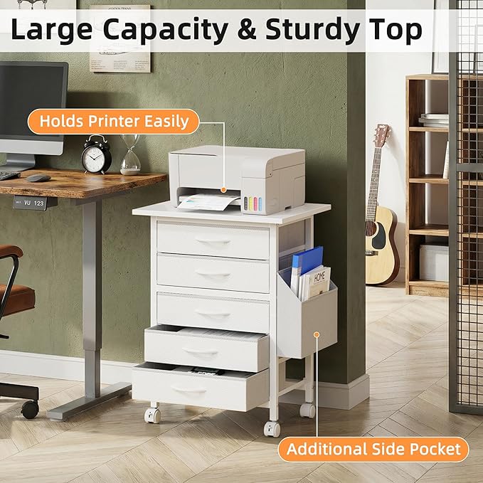 5 Fabric Drawers File Cabinet with Side Pocket, Rolling Printer Stand with Storage for Home Office, Wood Top Storage Cabinet for Documents and Crafts, White, 15" D