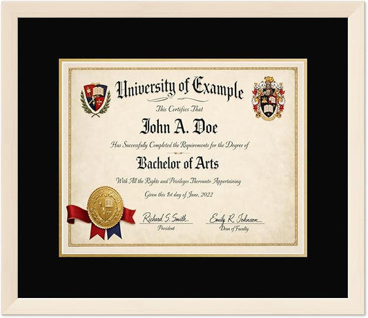 CountryArtHouse Diploma Frame Fits 15 x 12 Military/Government - Keepsake Graduation Display Coastal Whitewash Genuine Hardwood with Black Over Metallic Gold Double mat