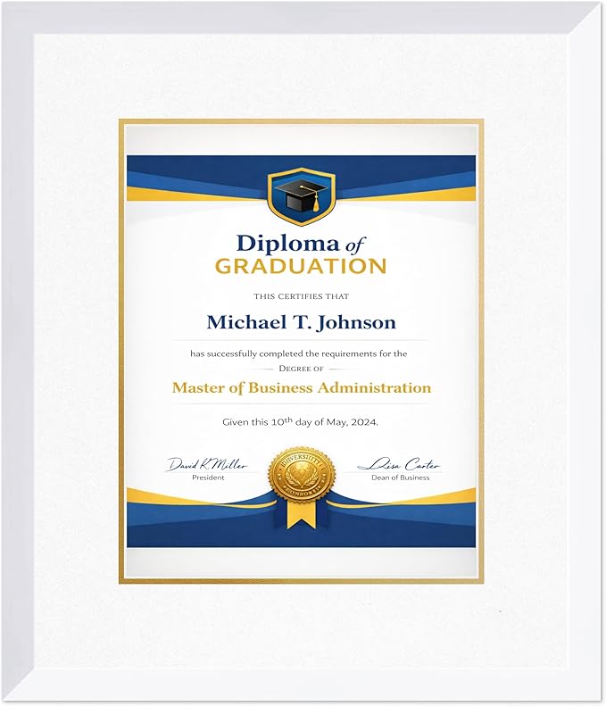 Diploma Frame Bright White with Oyster Shell Over Gold Double Mat - Fits 11 x 14 College Diploma (Portrait) Wall Display Made in the USA