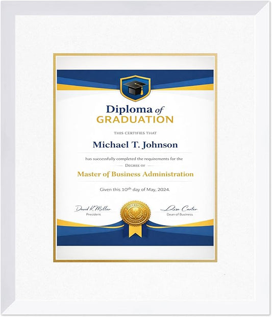 Diploma Frame Bright White with Oyster Shell Over Gold Double Mat - Fits 11 x 14 College Diploma (Portrait) Wall Display Made in the USA