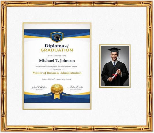 Diploma Frame With Photo Opening Gold Bamboo Oyster Shell Over Gold Mat - Fits 11 x 14 Degree and Picture Made in the USA