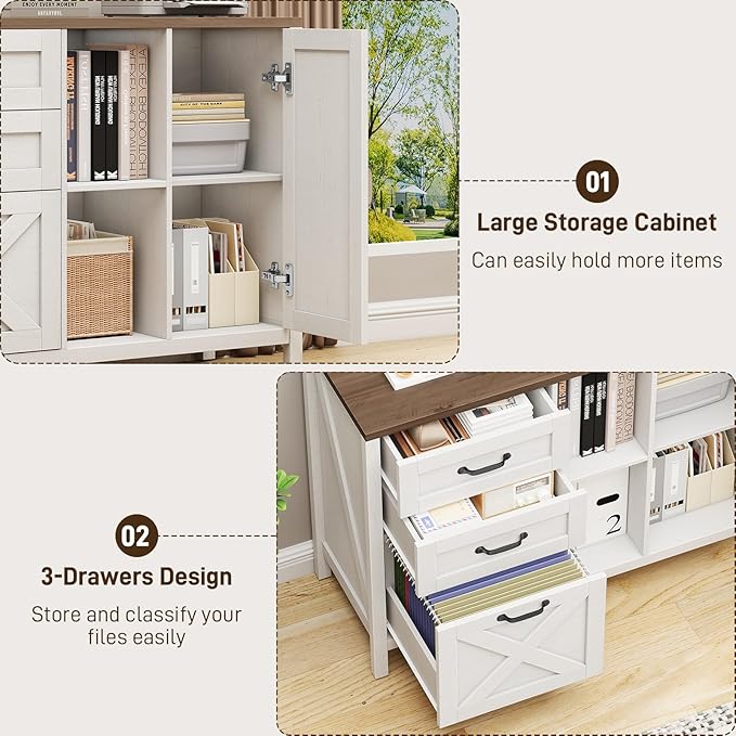 Farmhouse Lateral Filing Cabinet, Lateral File Cabinet with 3 Drawers and Cabinet, Large Printer Stand with File Drawer for Letter/A4 Size Hanging Files for Home Office, Rustic White