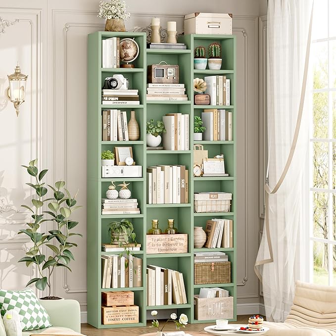 FOTOSOK 71'' Tall Bookshelf with 21 Cubes, 8 Tier Triple Wide Bookshelf with 8 Adjustable Shelves, 35" Large Bookcase DVD/CD Media Tower Storage, Freestanding Display Shelf Cabinet, Green