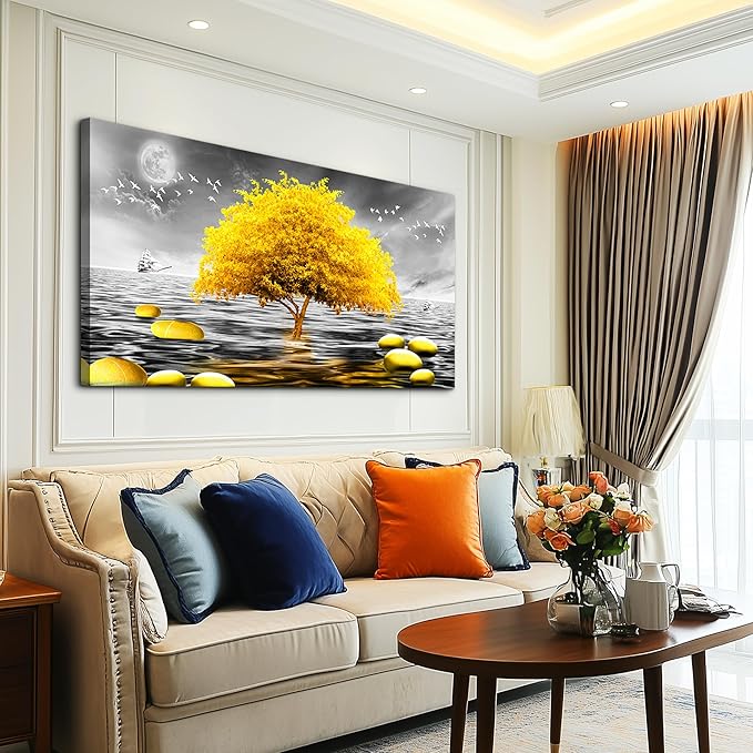 hyidecorart Canvas Wall Art 30"X60" - Black And White Ocean Scenery & Yellow Tree Art Print, Large Wall Decor Posters Abstract Pictures for Living Room, Bedroom, Office Modern Home Decor