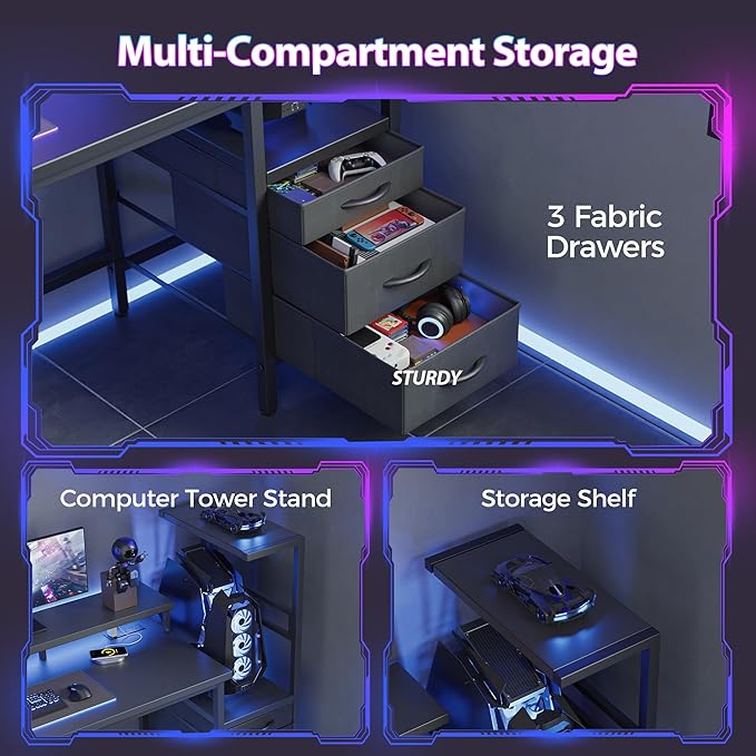 Mericonia Gaming Desk with Power Outlets & LED Lights, Reversible Computer Desk with PC Case Stand, Fabric Drawers, Modern Office Desk with Shelves, Monitor Stand