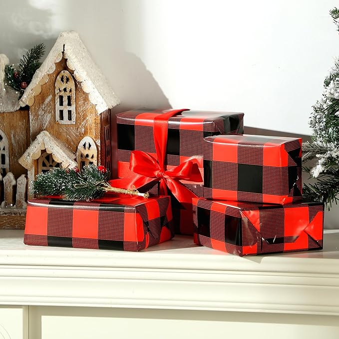 Tenceur Wrapping Paper Roll Bulletin Board Borders Paper Fade Resistant Decorative(24 Inch X 100ft,Red and Black Buffalo Plaid)
