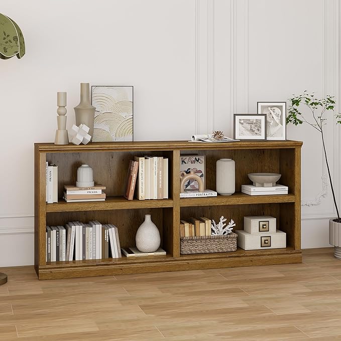 blini Bookshelf Double Wide 64“ 2-Tier Bookcase Vintage Oak 4 Cube Storage Organizer Wooden Bookcases for Bedroom and Home Office Decor Display