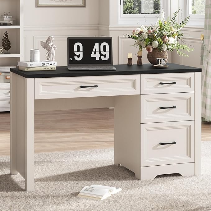 Vabches Farmhouse Executive Desk with Drawers, Home Office Desk with File Drawer, Wood Computer Desk with Ample Storage, Rustic Office Desk with Spacious Tabletop for Work, Black