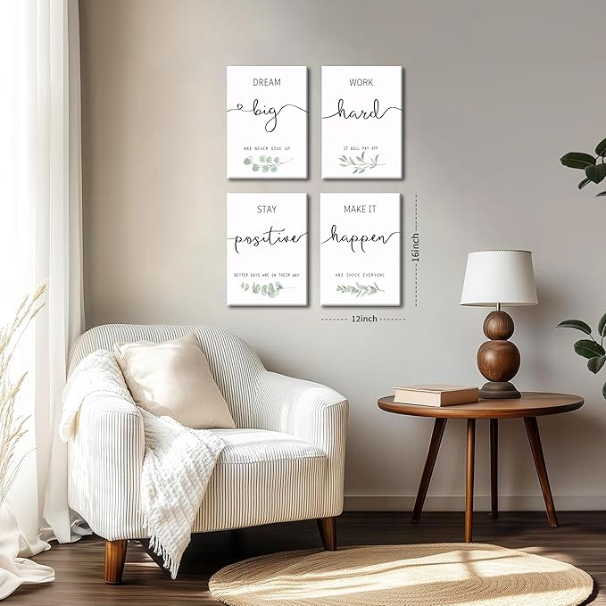Motivational Canvas Wall Art for Office Decor - Inspirational Positive Quotes Canvas Prints Set of 4, Positive Affirmations Pictures Wall Decor for Dorm Living Room Bedroom 12×16 inch Framed