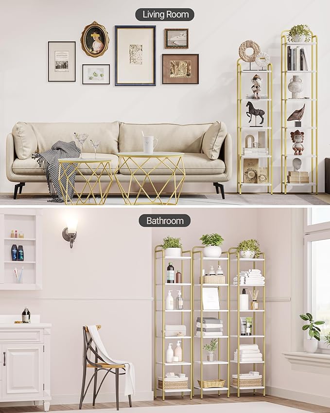 Bookcase Bookshelf, 6-Tier Narrow Book Shelf, Industrial Coner Shelf Storage Organizer, Slim Shelving Unit for Home Office, Living Room, Bedroom, Kitchen, White Gold BC24613G