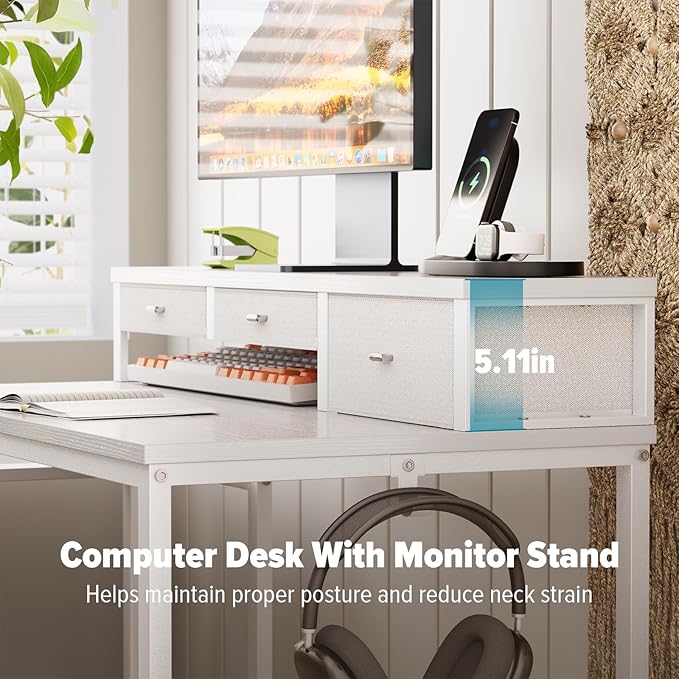 SINPAID 47 inch Computer Desk with Printer Shelf, Gaming Desk with Monitor Stand and Drawers, Reversible Home Office Desk with Storage Shelves and 2 Hooks, Home Workstation for Study Writing, White