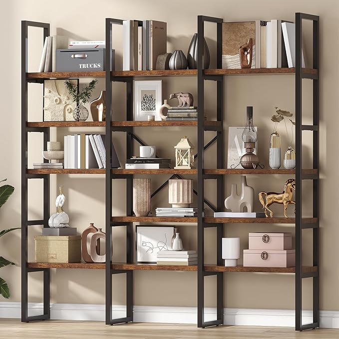 Jehiatek Large Bookshelf 5 Tiers, Triple Wide Geometric Bookcase, 71 Inches Tall Industrial Book Shelves Etagere Book Case, Sturdy Metal Frame, Freestanding Display Shelving Unit, Rustic Brown