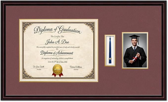 Diploma Tassel and Photo Frame Executive Brown Shadowbox Dark Red Over Gold Mat - Fits 15 x 12 Degree Picture Made in the USA