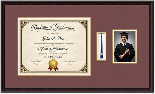 Diploma Tassel and Photo Frame Executive Brown Shadowbox Dark Red Over Gold Mat - Fits 15 x 12 Degree Picture Made in the USA