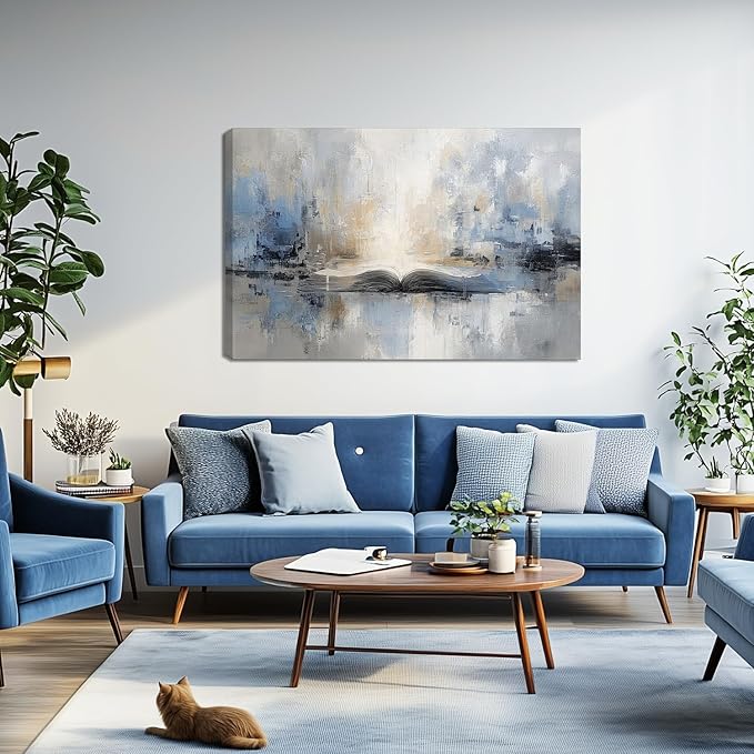 XRZ Abstract Wall Art – Blue and Beige Scripture Canvas – Christian Wall Decor for Living Room Bedroom Office – 48x32 Inch