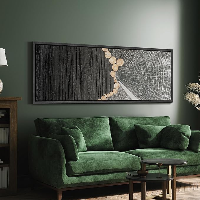 SIGNFORD Large Framed Canvas Black Wood and Tree Ring Abstract Illustrations Modern Art Warm for Living Room, Bedroom, Office - 60"x20"