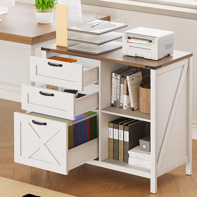 Farmhouse Lateral Filing Cabinet with 3 Drawers and Open Shelf, Lateral File Cabinet with with File Drawer for Letter/A4 Hanging File, Large Printer Stand for Home Office, Living Room, Rustic White