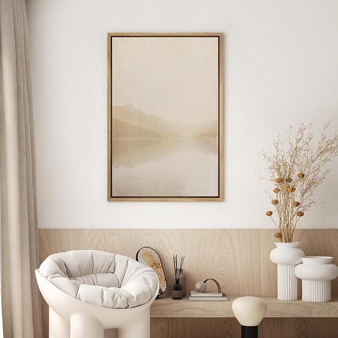 SIGNWIN Framed Canvas Print Wall Art Soft Misty Mountain Lake Neutral Landscape Illustrations Modern Decorative for Living Room, Bedroom, Office - 16"x24" NATURAL