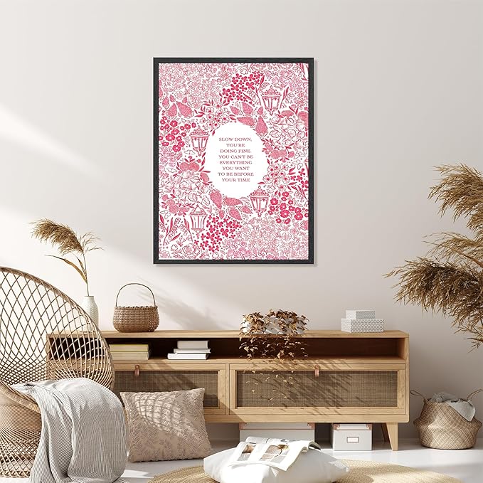 Slow Down You're Doing Fine Music Posters Motivational Quote Pink Wall Art Vintage Floral Positive Daily Reminder Song Lyrics Canvas Print Aesthetic Office Home Decor 24x36inch Black Framed
