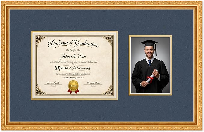 Diploma Frame With Photo Opening Museum Gold Navy Blue Over Gold Mat - Fits 10 x 8 Degree and Picture Made in the USA