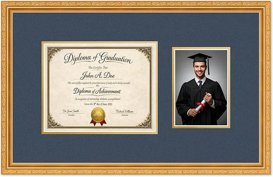 Diploma Frame With Photo Opening Museum Gold Navy Blue Over Gold Mat - Fits 10 x 8 Degree and Picture Made in the USA