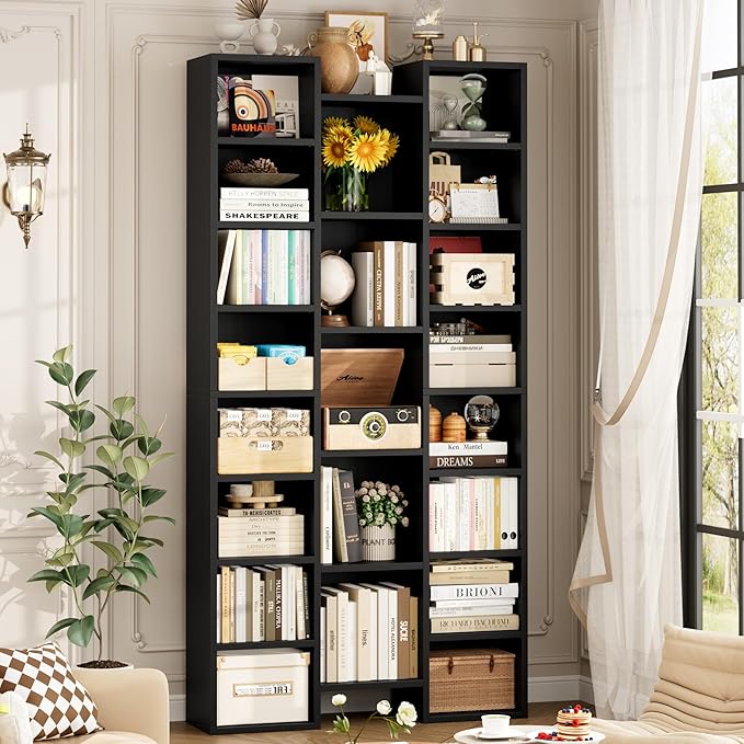 FOTOSOK 71'' Tall Bookshelf with 21 Cubes, 8 Tier Triple Wide Black Bookshelf with 8 Adjustable Shelves, 35" Large Bookcase DVD/CD Media Tower Storage, Freestanding Display Shelf Cabinet, Black