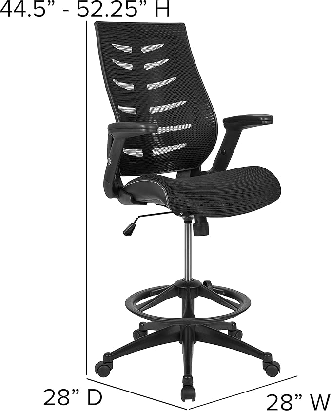 Flash Furniture Kale High-Back Ergonomic Mesh Office Chair with Flip-Up Arms and Adjustable Foot Ring, Spine-Back Tall Executive Swivel Chair, Black