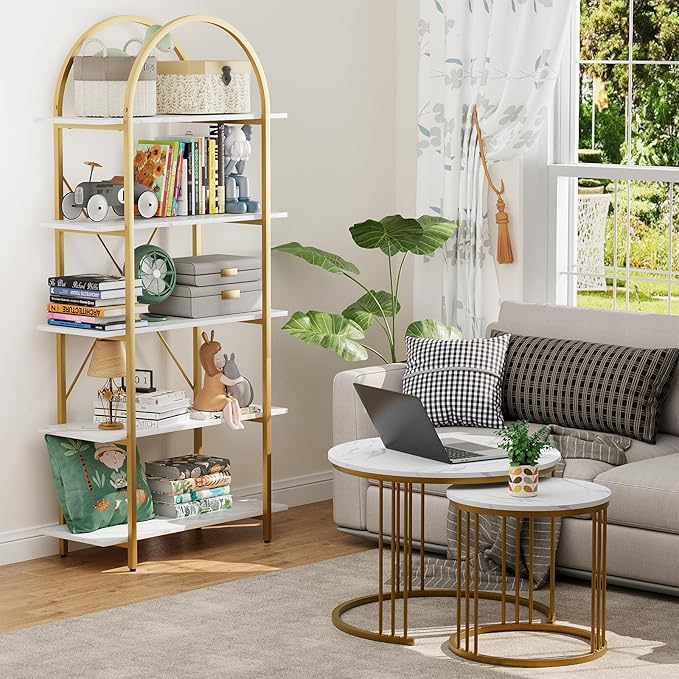 Arched Bookshelf 5 Tier Book Shelf, 31.5 Inch Width Industrial Arch Bookcase, Curved Tall Bookshelf with Open Shelves for Home Office, Living Room, Bedroom, Gold
