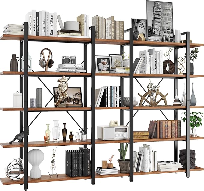 BATHWA Wood and Metal Minimalist 5 Tier Bookshelf, Large Tall Open Rustic Wide Bookcase Industrial Style, Modern Wooden Big Book Shelf for Home Living Room Bedroom Office Storage, Rustic Brown