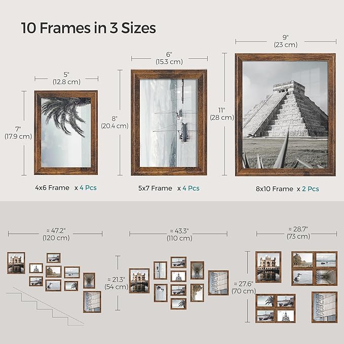 SONGMICS Picture Frames with 16 Mats, Set of 10 Collage Photo Frames, Two 8x10, Four 5x7, Four 4x6 Frames, Hanging or Table Display, Glass, 12 Non-Trace Nails, Rustic Brown URPF049X01