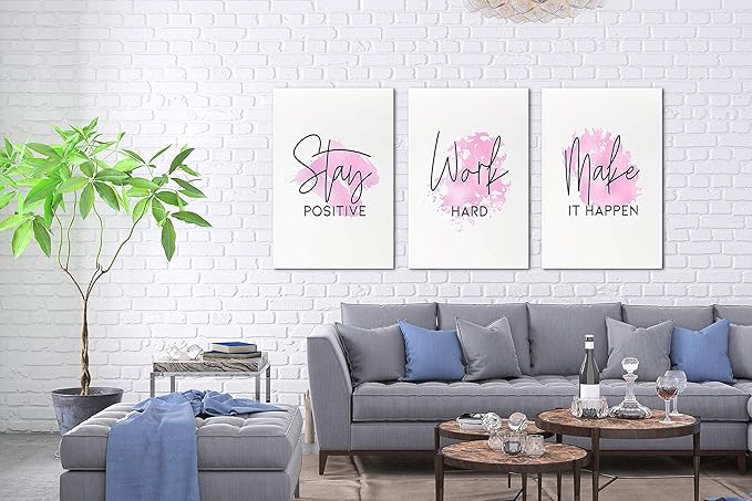 SHMAO Pink Office Canvas Wall Art Motivational Wall Decor, 3 Piece Stay Work Make Print Pictures for Office Wall Decor Women Inspirational Framed Artwork Home Office Decor 20”x30”x3 Panels