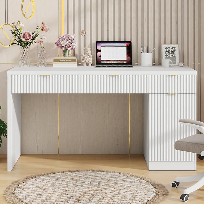 60" Executive Desk with Fluted Drawers, Wood Home Office Desk with Storage Cabinet, Fluted Reversible Computer Writing Desk for Study, Living Room,White
